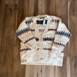 RD Style Fair Isle Fuzzy Cardigan Size S Cream Brown Cozy Knit
